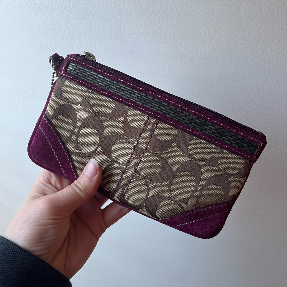 Coach Signature Brown and Purple Wristlet with Beading Detail